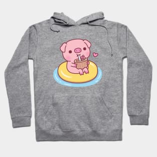 Cute Piggy Chilling On Pool Float And Drinking Coconut Water Hoodie